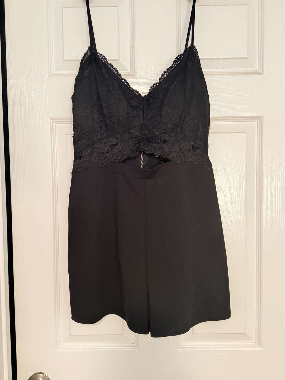 Justify Black Lace-Top Chemise Romper with Spaghetti Straps